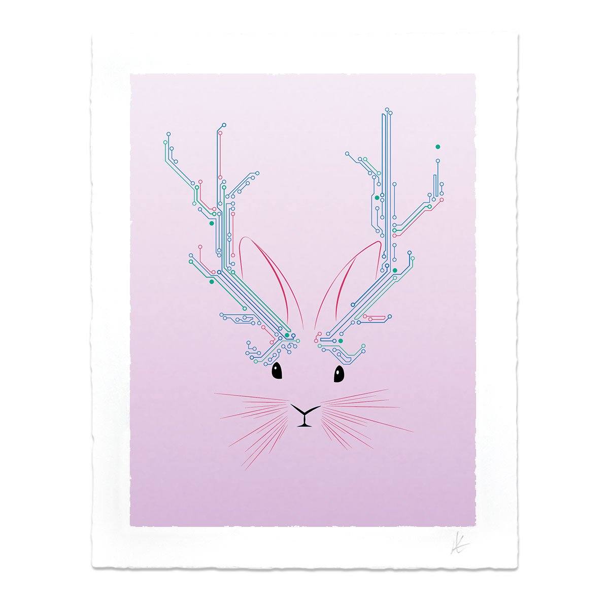 A beautifully detailed Jackalope Art Print featuring a mythical creature with antlers, printed on heavyweight archival paper with deckled edges.