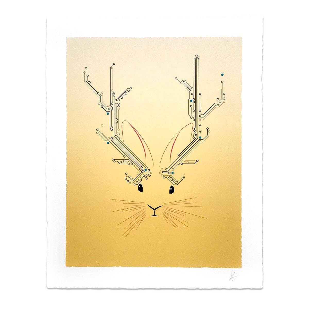 A beautifully detailed Jackalope Art Print featuring a mythical creature with antlers, printed on heavyweight archival paper with deckled edges.