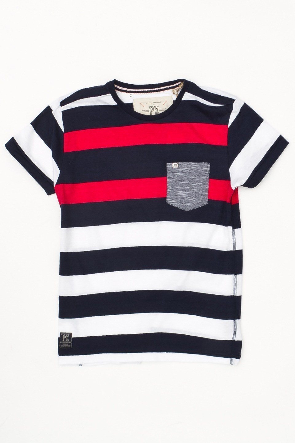 Jamison Tee Boy featuring trendy stripes and a contrast pocket, perfect for casual wear.