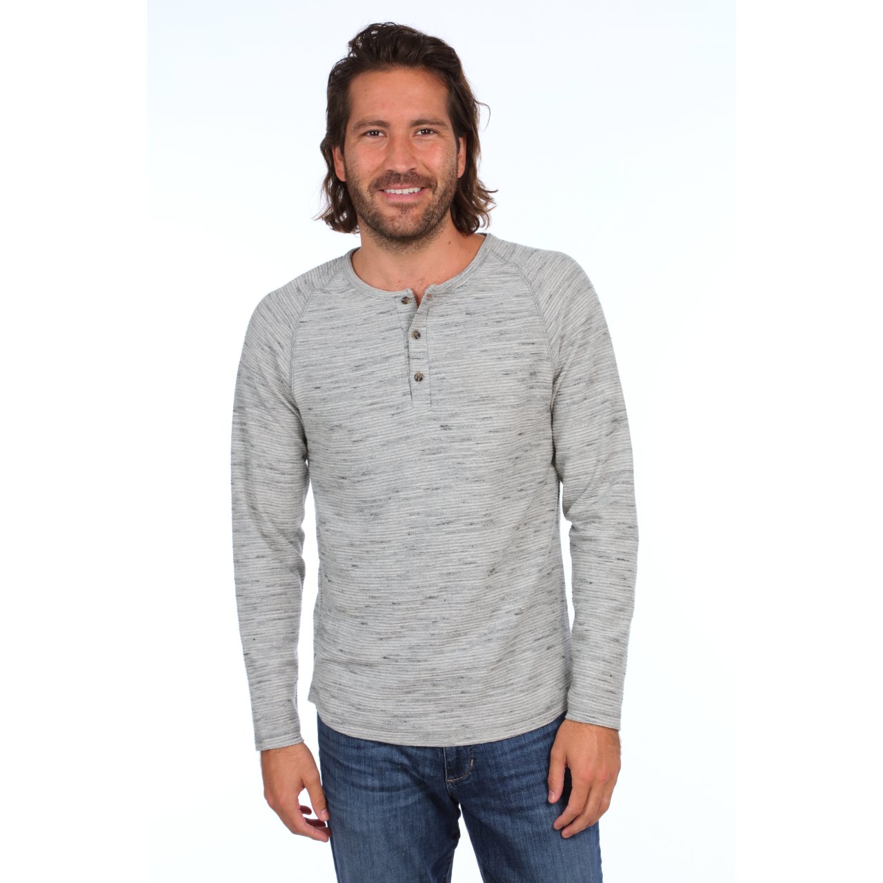 Jax Long Sleeve Henley in Grey Heather with raglan sleeves and 3-button placket, made from eco-friendly materials.