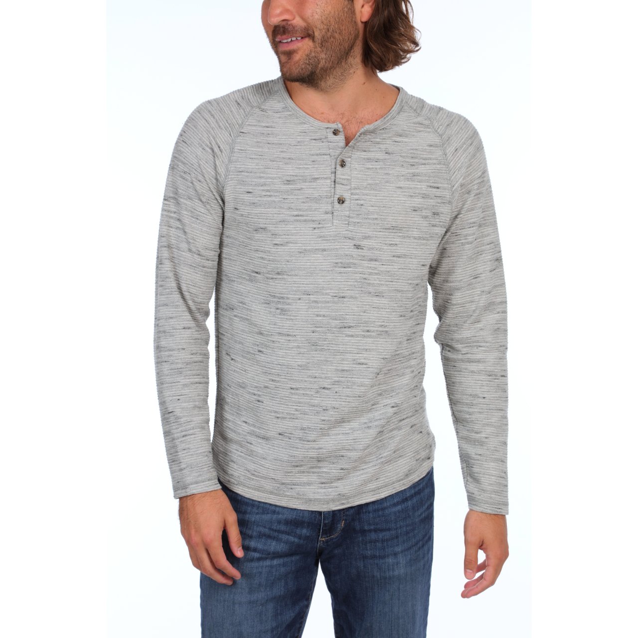 Jax Long Sleeve Henley in Grey Heather with raglan sleeves and 3-button placket, made from eco-friendly materials.