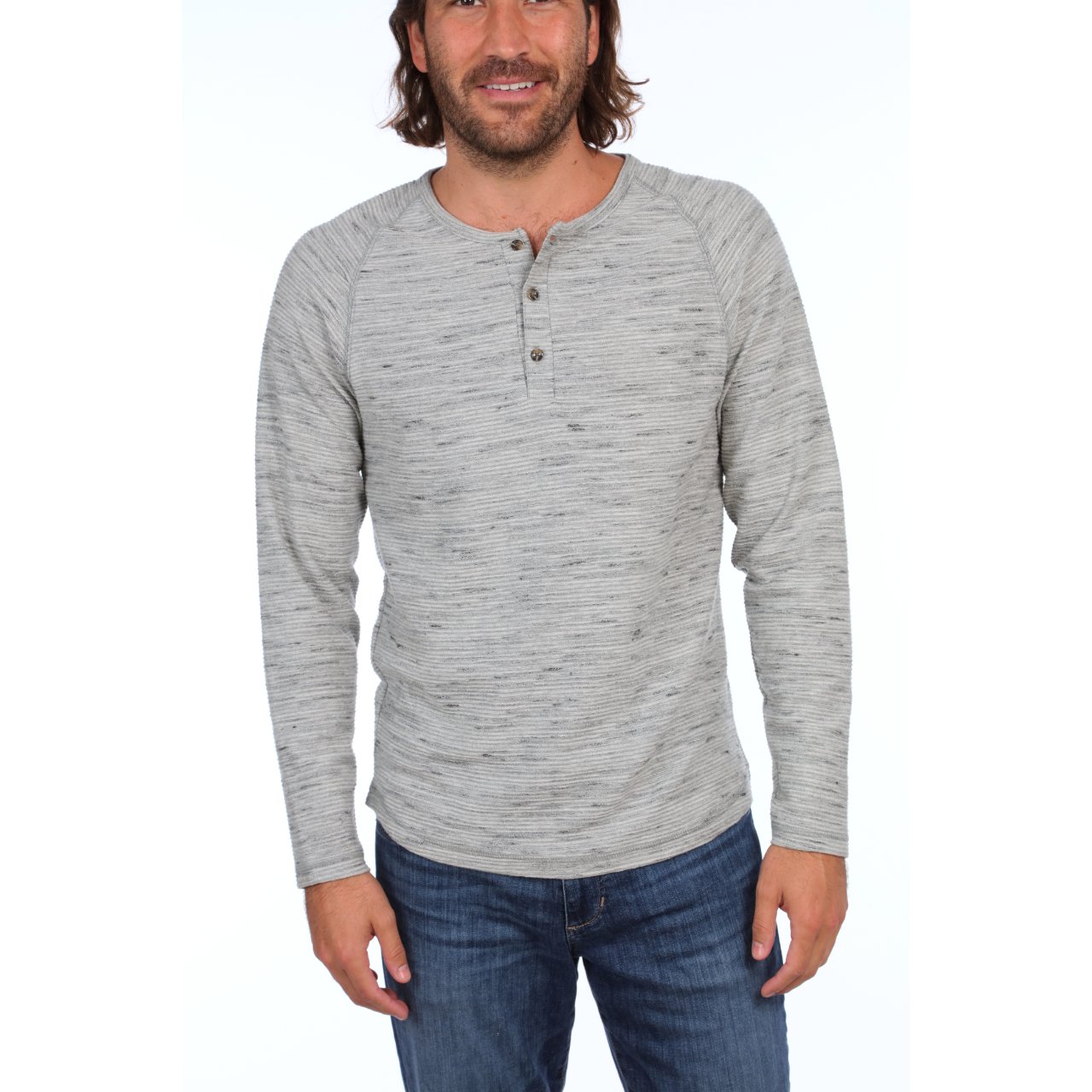 Jax Long Sleeve Henley in Grey Heather with raglan sleeves and 3-button placket, made from eco-friendly materials.