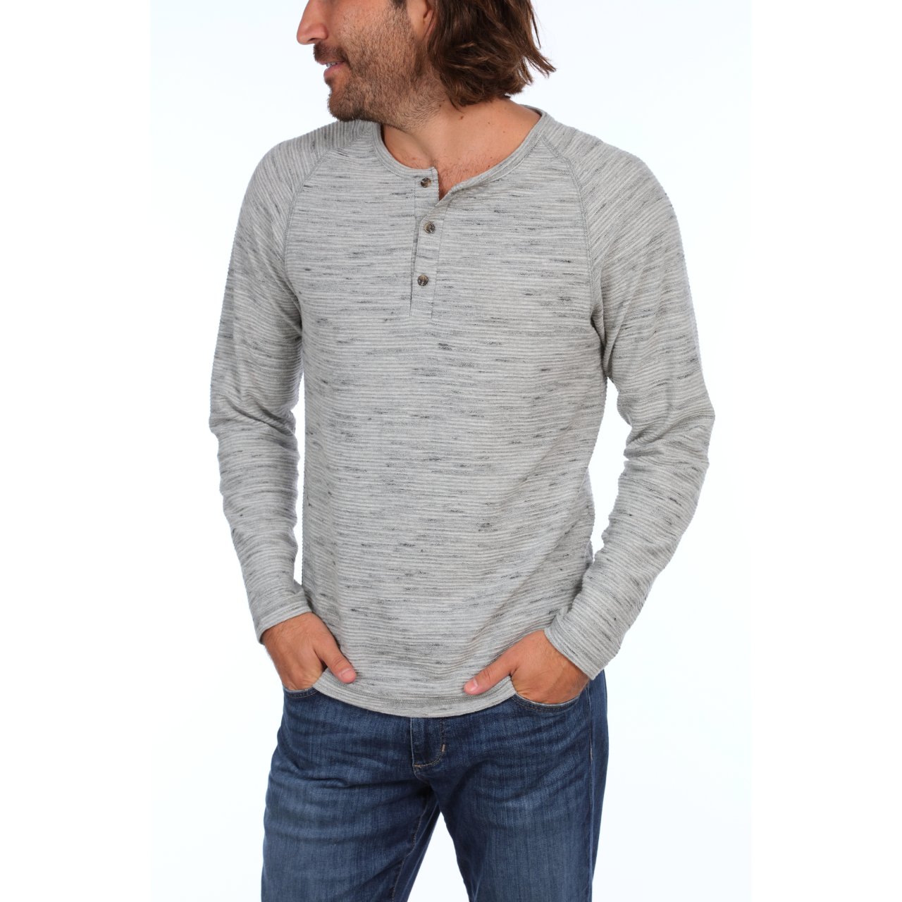 Jax Long Sleeve Henley in Grey Heather with raglan sleeves and 3-button placket, made from eco-friendly materials.