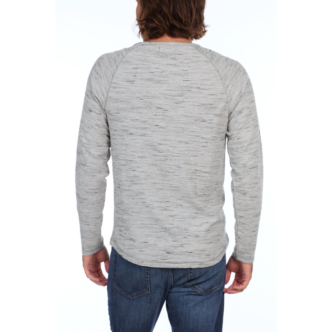 Jax Long Sleeve Henley in Grey Heather with raglan sleeves and 3-button placket, made from eco-friendly materials.