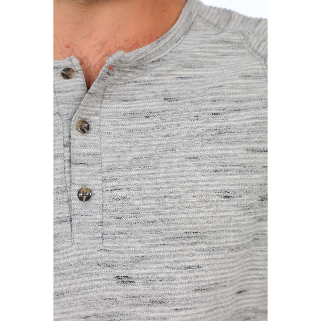 Jax Long Sleeve Henley in Grey Heather with raglan sleeves and 3-button placket, made from eco-friendly materials.