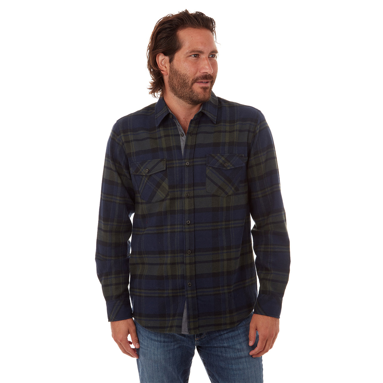 Jaylen Flannel Shirt in green plaid with long sleeves and two patch pockets.