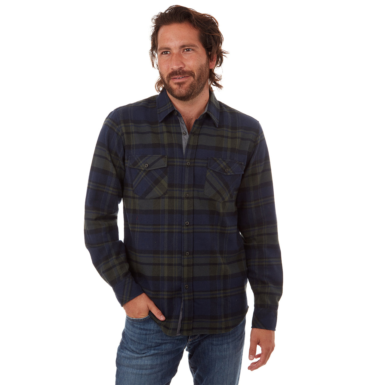 Jaylen Flannel Shirt in green plaid with long sleeves and two patch pockets.