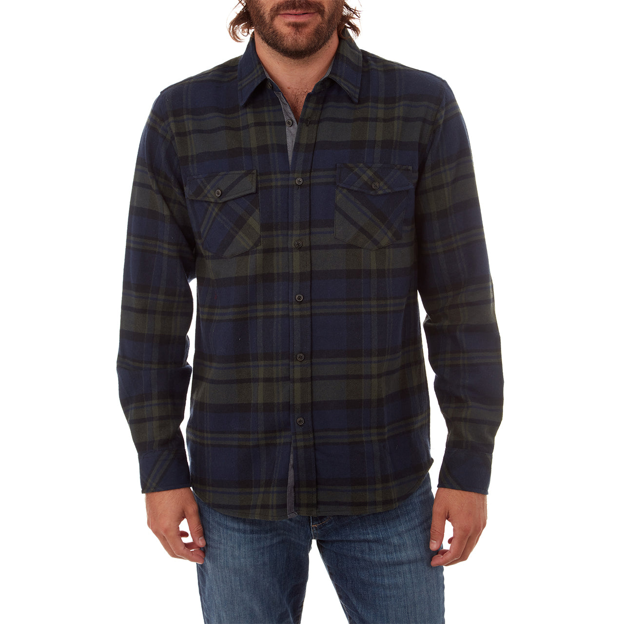 Jaylen Flannel Shirt in green plaid with long sleeves and two patch pockets.