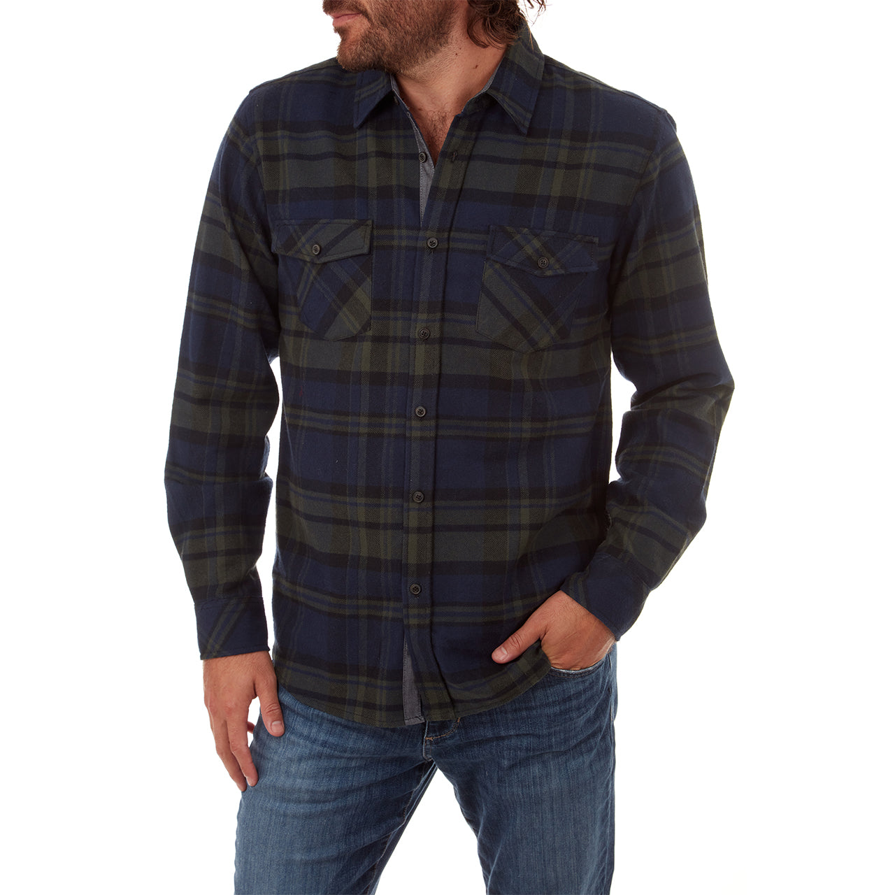 Jaylen Flannel Shirt in green plaid with long sleeves and two patch pockets.