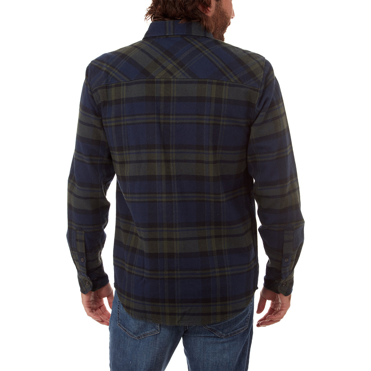 Jaylen Flannel Shirt in green plaid with long sleeves and two patch pockets.