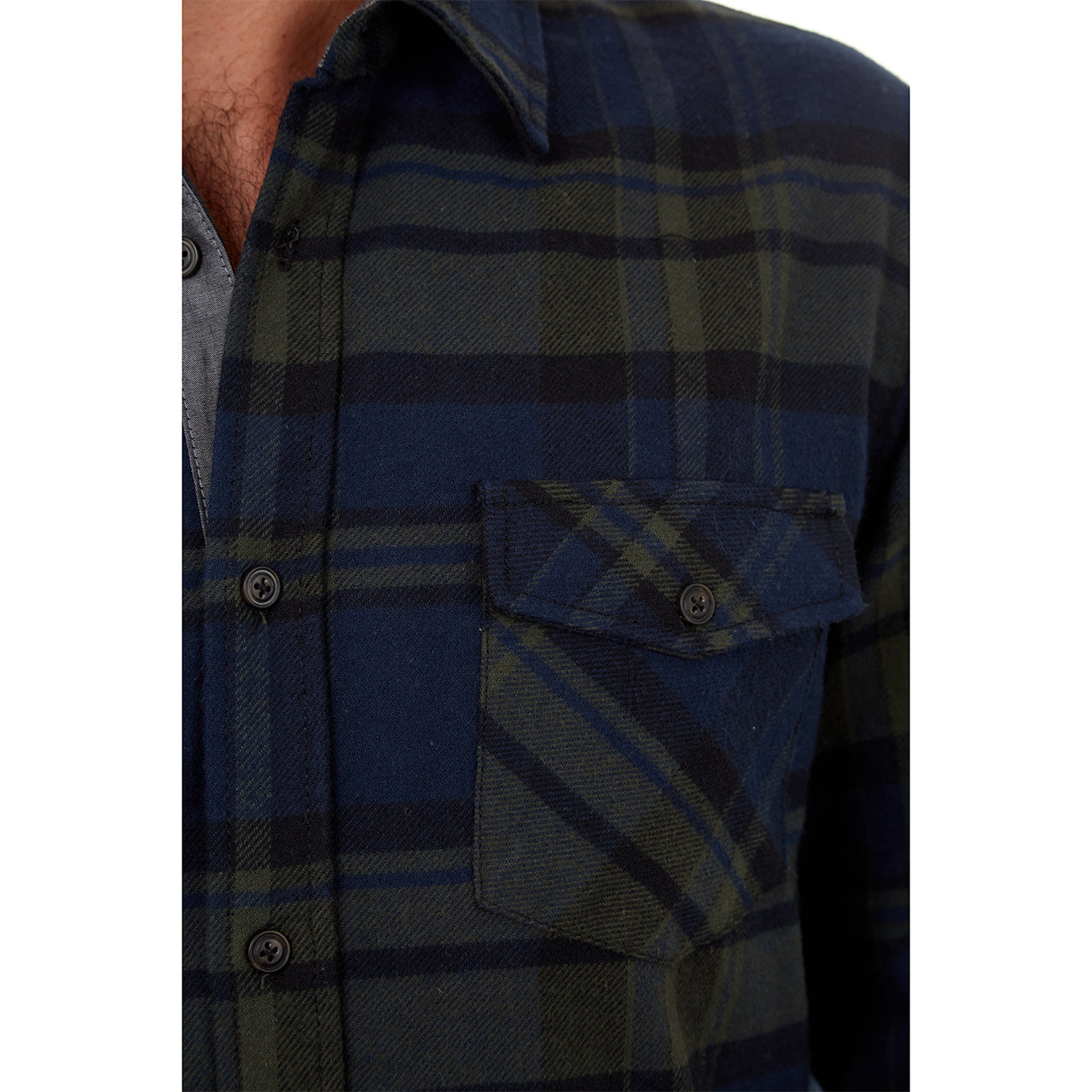 Jaylen Flannel Shirt in green plaid with long sleeves and two patch pockets.