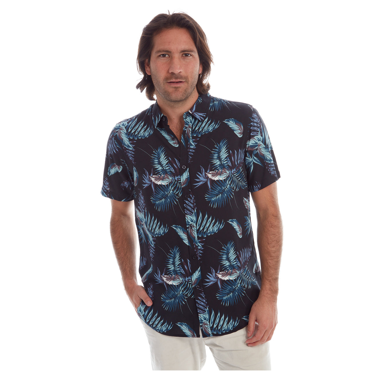 Jimmy Rayon Shirt featuring a vibrant floral print and short sleeves, made from 100% rayon fabric.