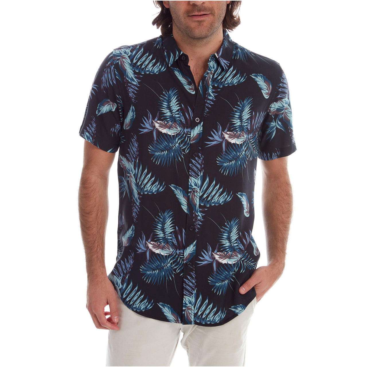 Jimmy Rayon Shirt featuring a vibrant floral print and short sleeves, made from 100% rayon fabric.