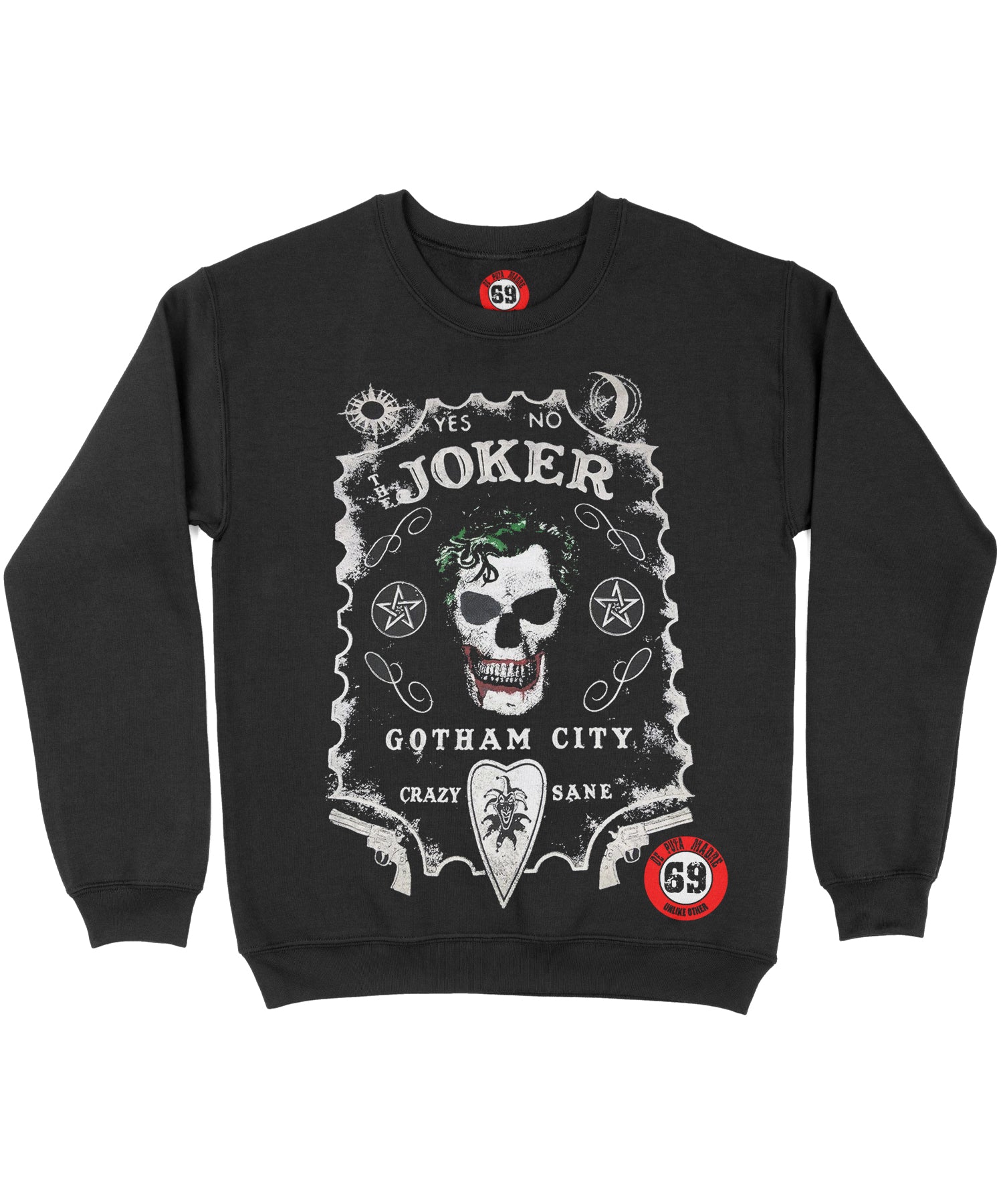 Joker Skull sweatshirt featuring unique handmade prints, high-quality craftsmanship, and the original DPM69 logo, made in Italy.