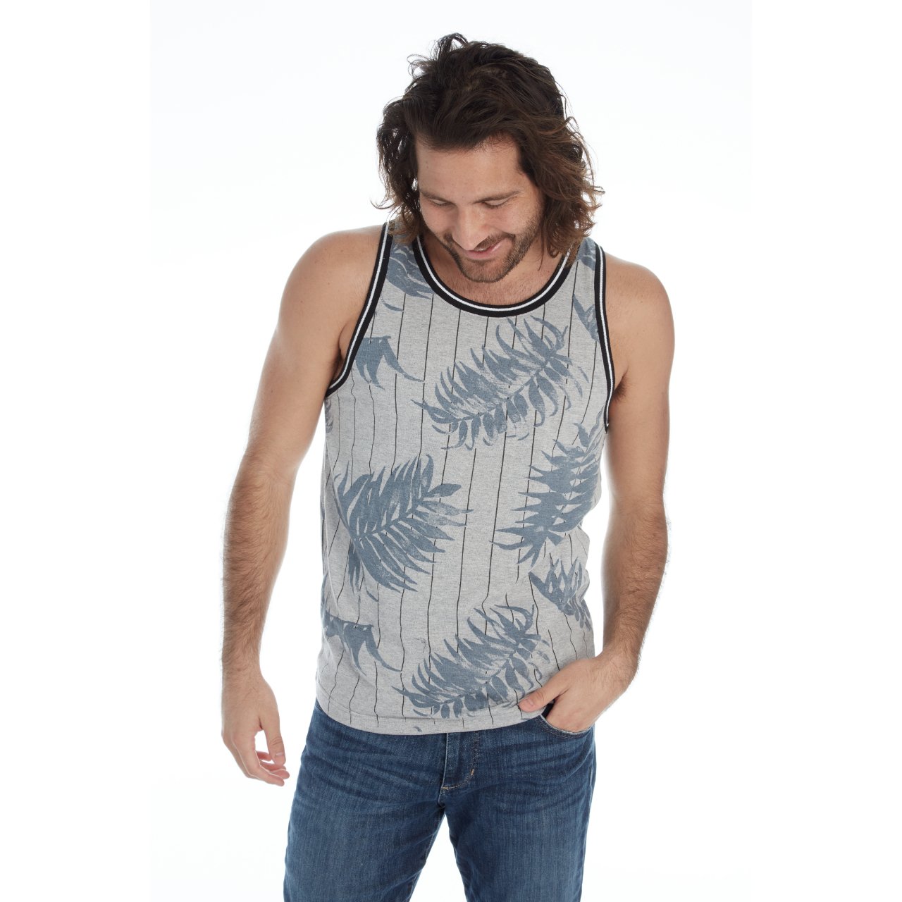 Jonas Ribbed Tank top featuring a striped rib design in Grey Heather color, made from 100% eco-friendly cotton.