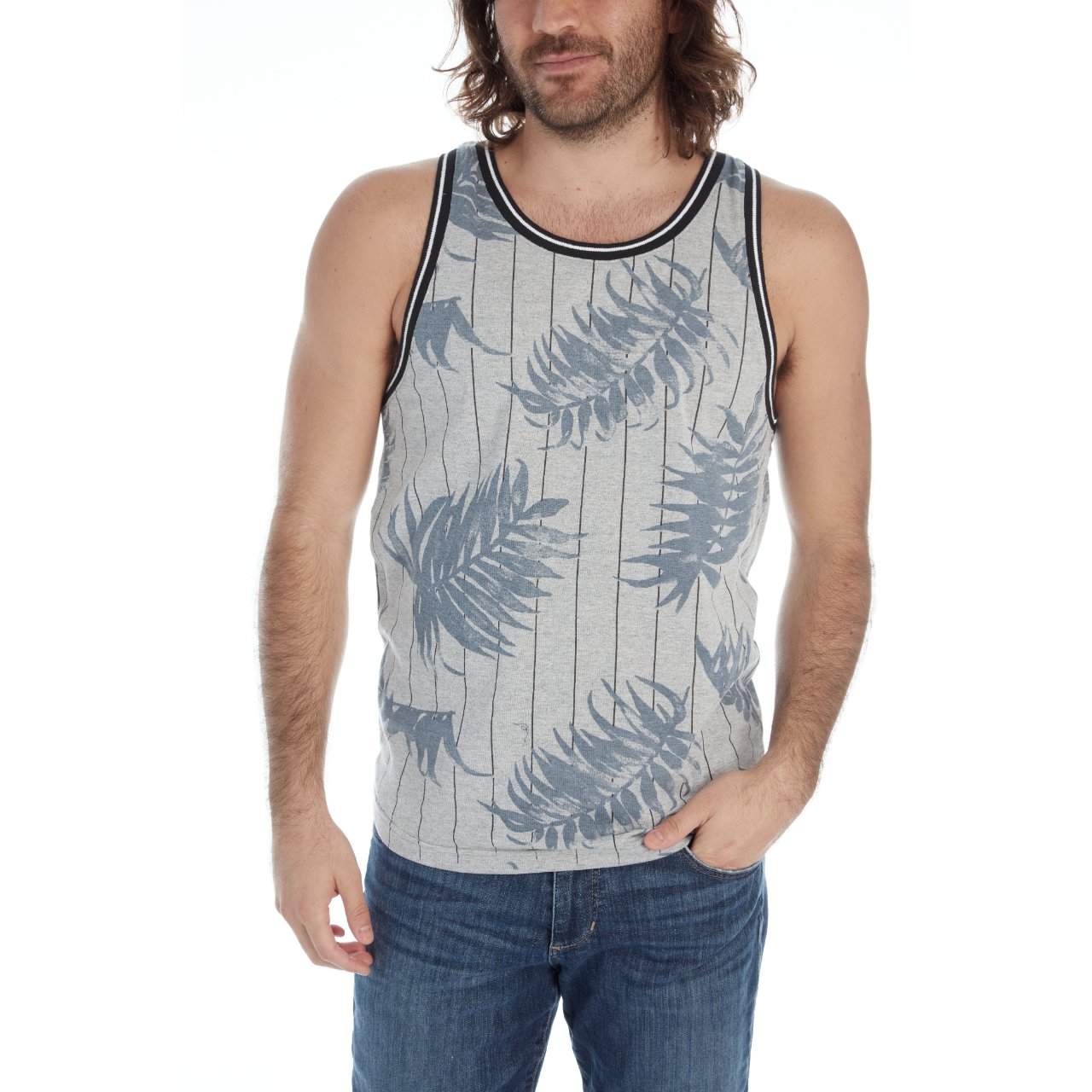 Jonas Ribbed Tank top featuring a striped rib design in Grey Heather color, made from 100% eco-friendly cotton.