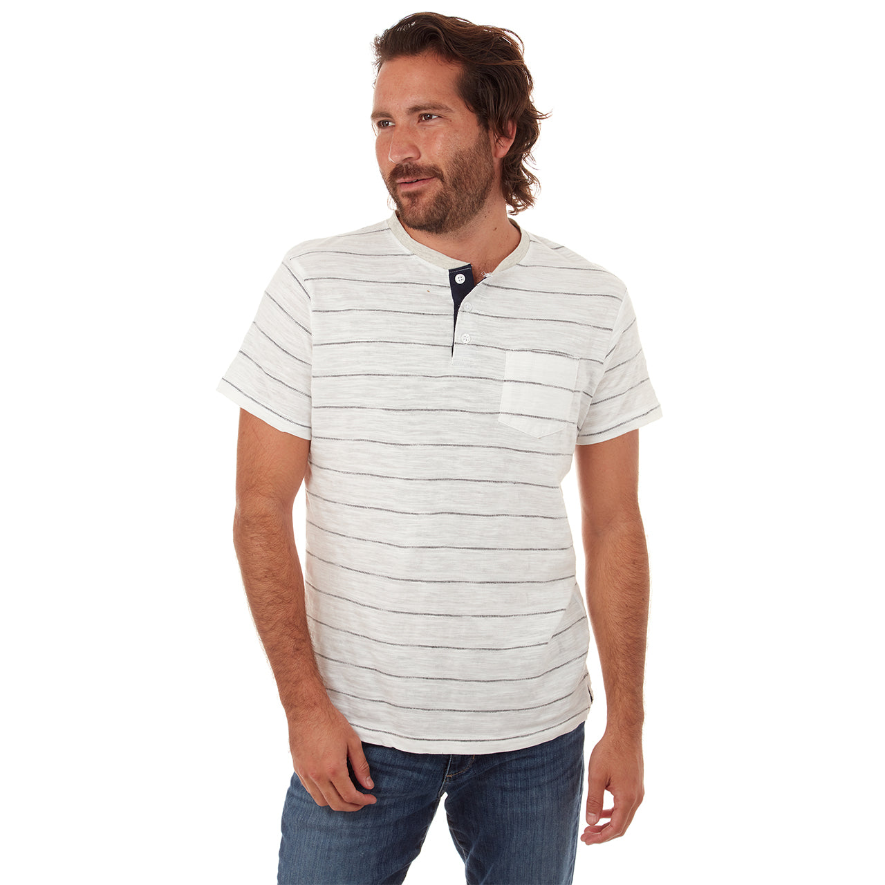 Josiah Jacquard Striped Henley featuring a cream color, jacquard stripes, and a stylish patch pocket.