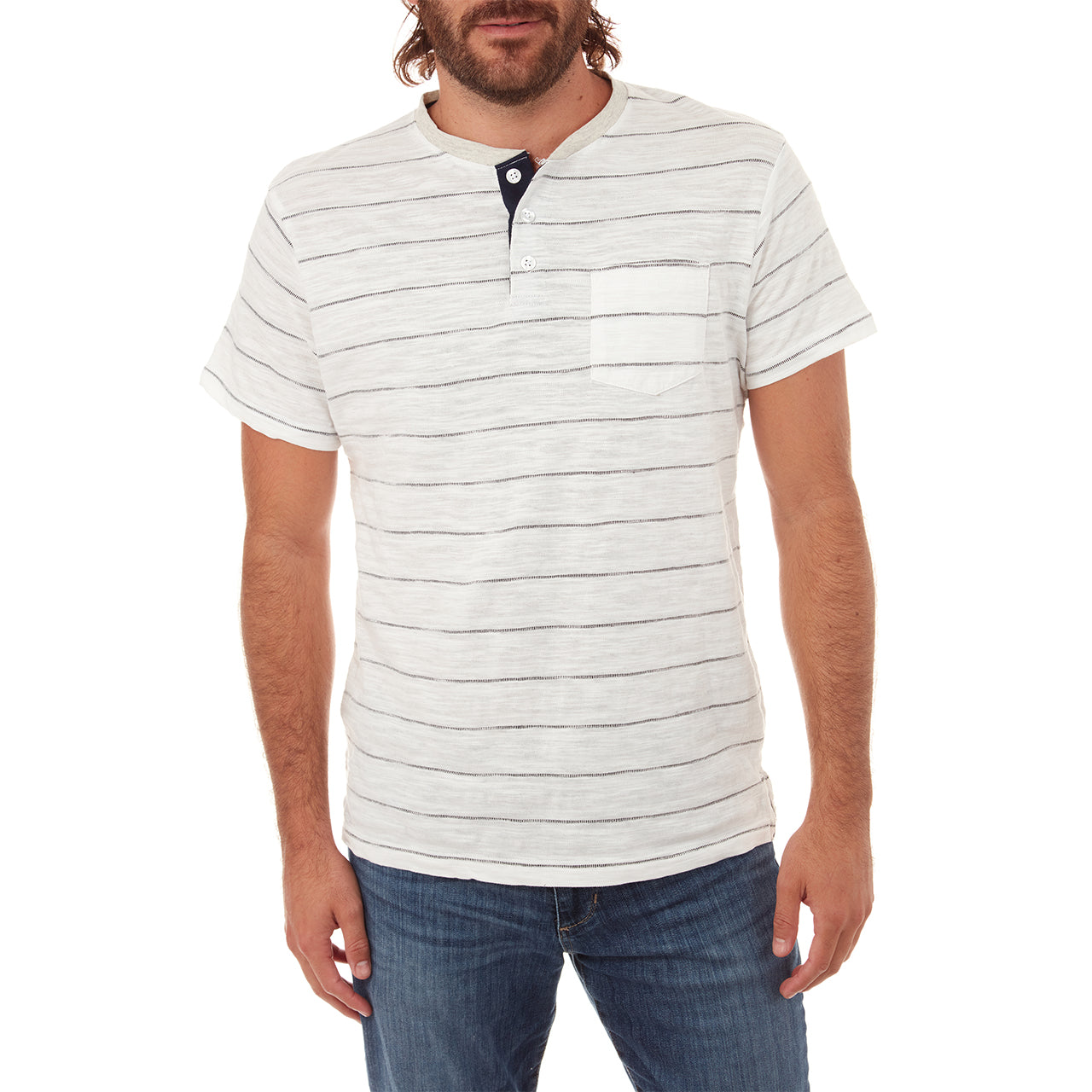 Josiah Jacquard Striped Henley featuring a cream color, jacquard stripes, and a stylish patch pocket.