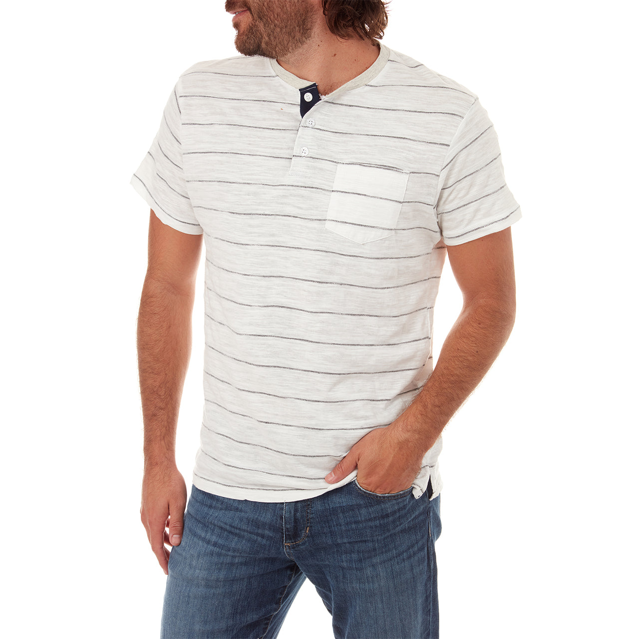 Josiah Jacquard Striped Henley featuring a cream color, jacquard stripes, and a stylish patch pocket.