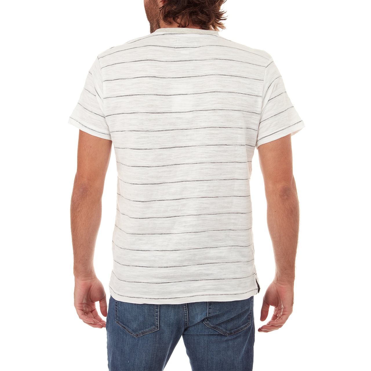 Josiah Jacquard Striped Henley featuring a cream color, jacquard stripes, and a stylish patch pocket.