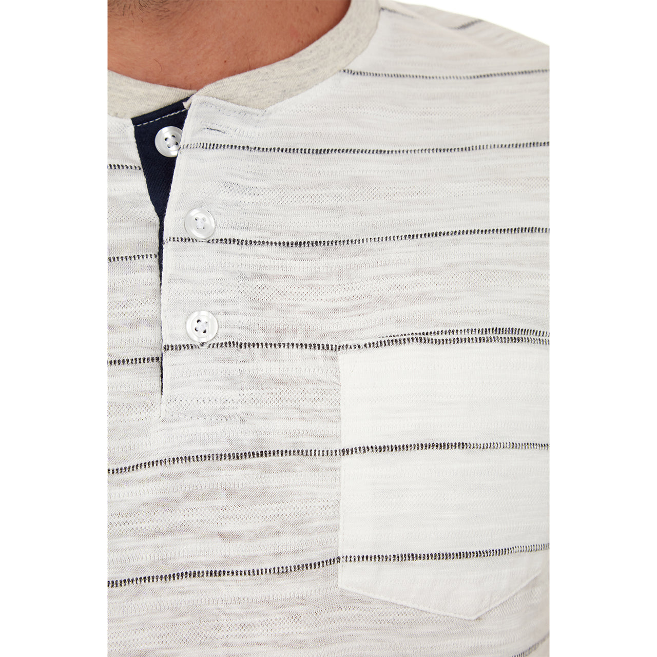 Josiah Jacquard Striped Henley featuring a cream color, jacquard stripes, and a stylish patch pocket.