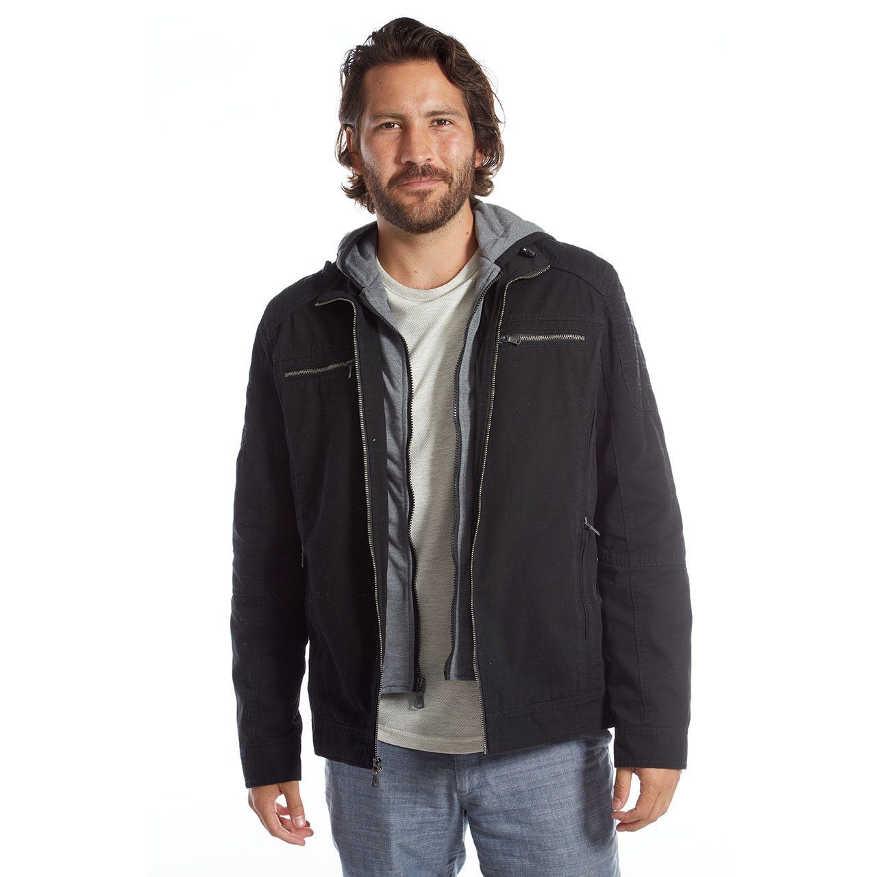 Kendrick Cotton Jacket in garment dyed twill with detachable hood and bib, featuring zippered chest pockets.