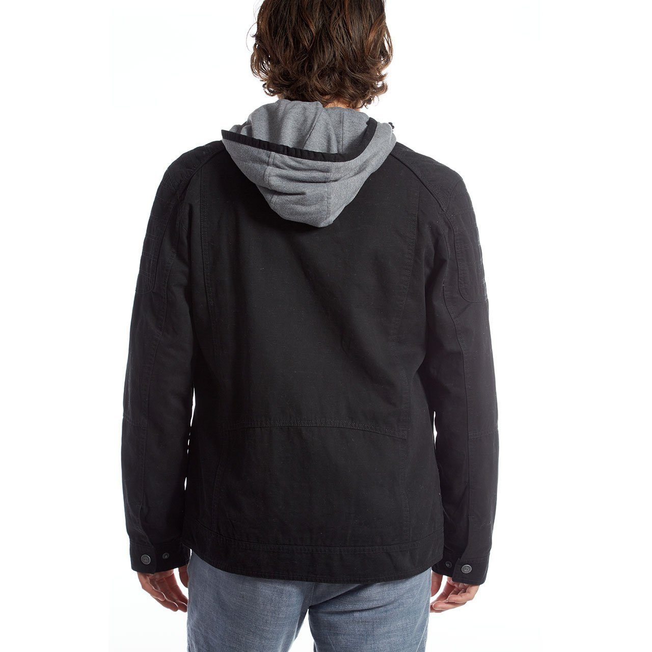 Kendrick Cotton Jacket in garment dyed twill with detachable hood and bib, featuring zippered chest pockets.