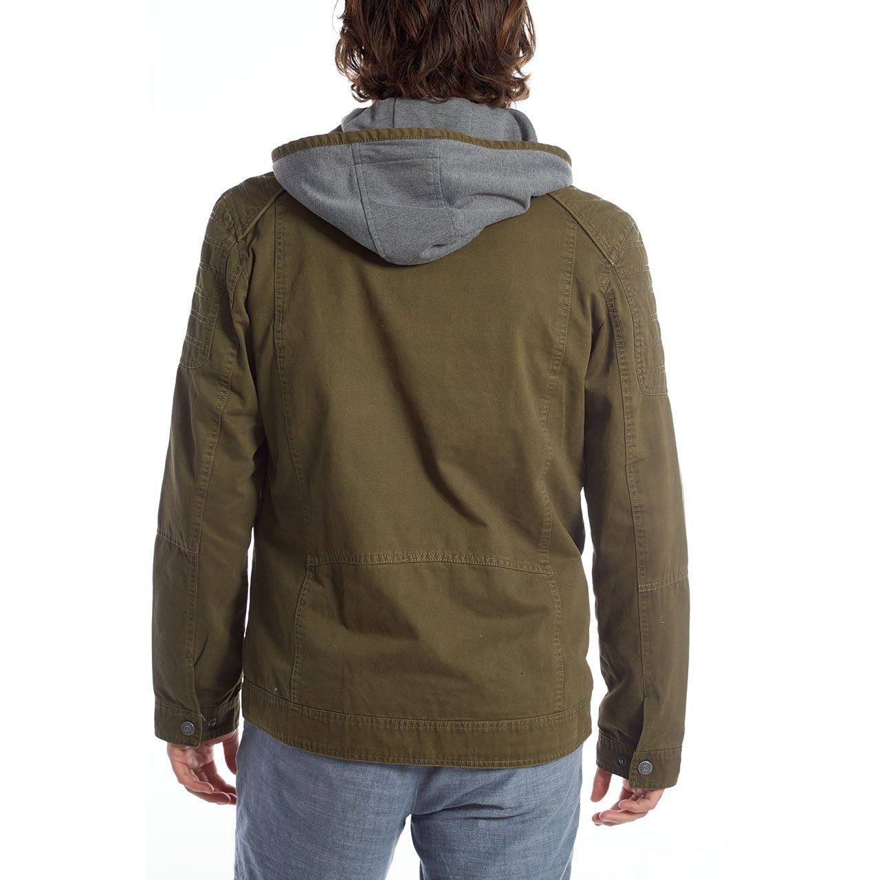 Kendrick Cotton Jacket in olive color with detachable hood and bib, featuring two zippered chest pockets.