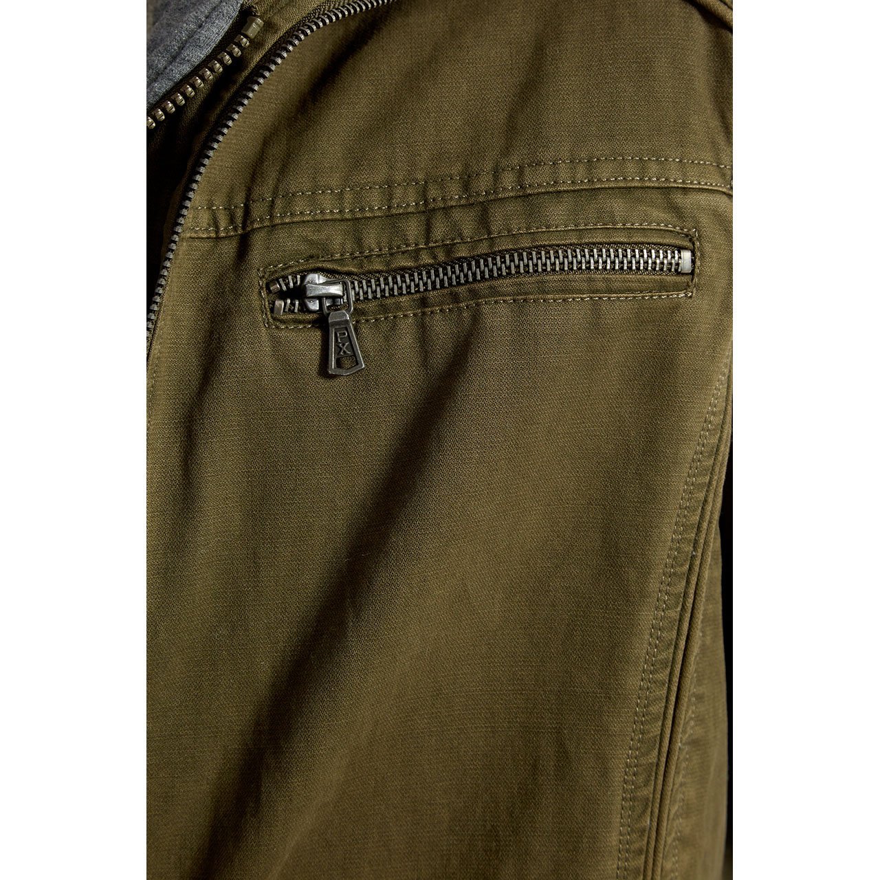 Kendrick Cotton Jacket in olive color with detachable hood and bib, featuring two zippered chest pockets.