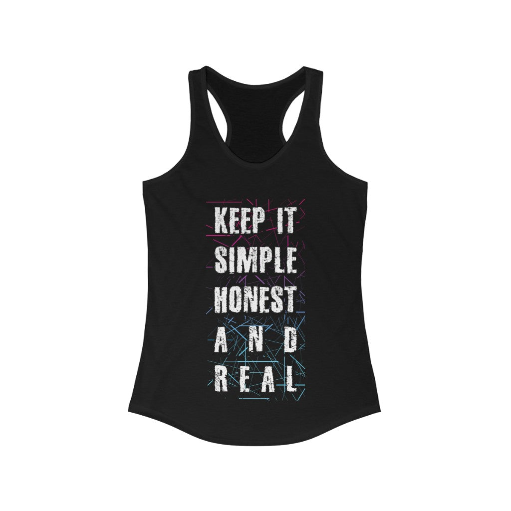 Keep it Simple Honest and Real Racerback Tank Top in a slim fit, made from soft cotton and polyester blend, perfect for casual wear and workouts.