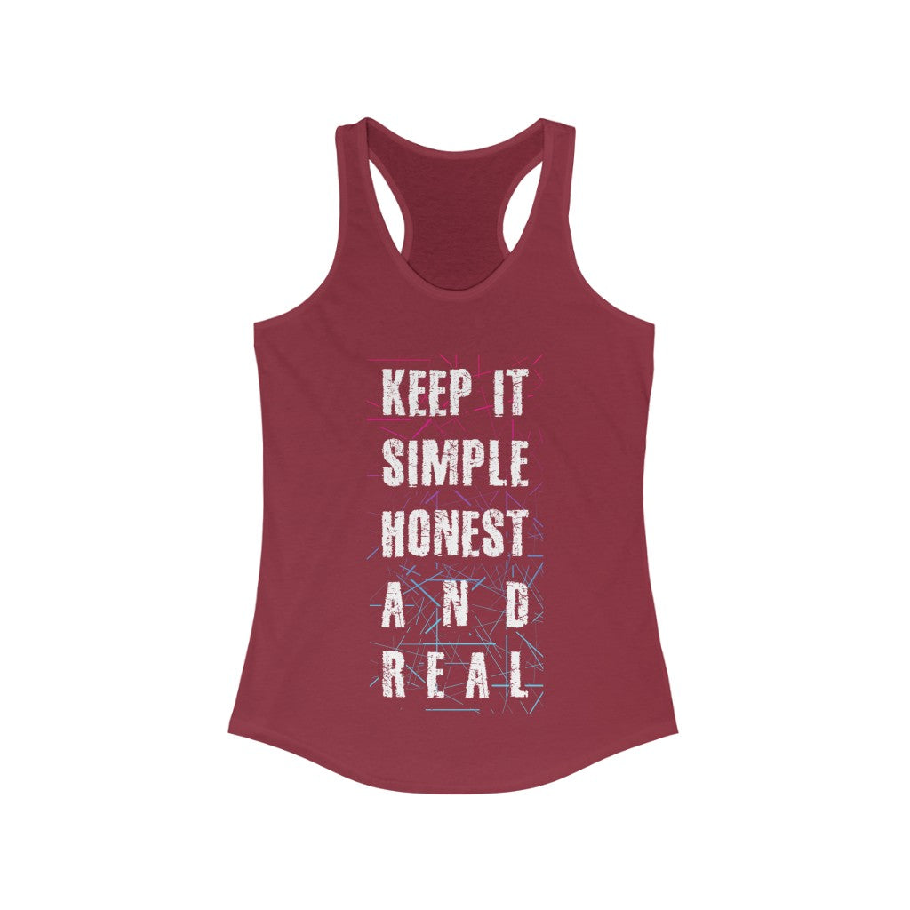 Keep it Simple Honest and Real Racerback Tank Top in a slim fit, made from soft cotton and polyester blend, perfect for casual wear and workouts.