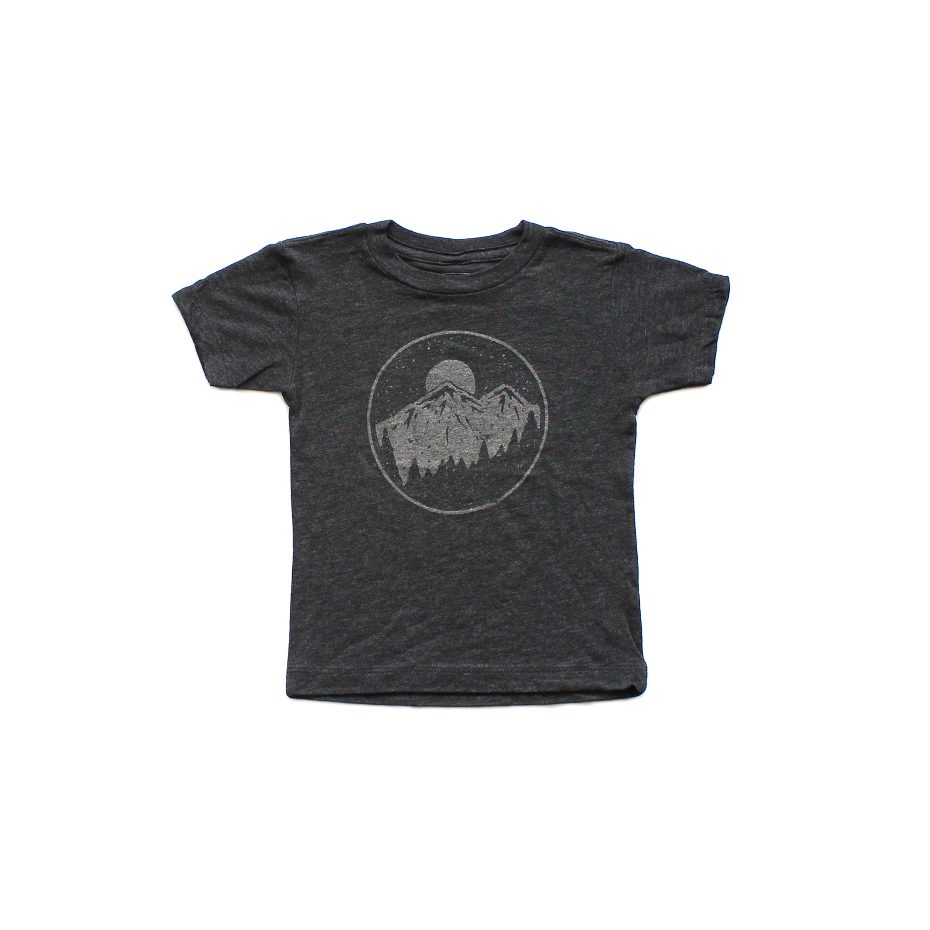 A soft gray kids graphic tee featuring a night sky design, perfect for adventurous children.