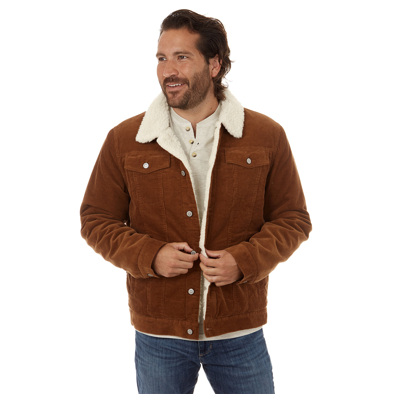 Kolton Corduroy Aviator Jacket featuring a sherpa lining and collar in rustic brown color.