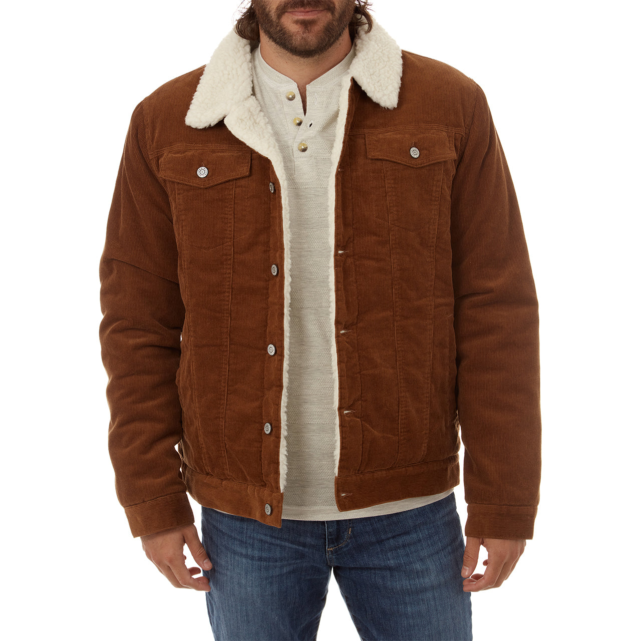 Kolton Corduroy Aviator Jacket featuring a sherpa lining and collar in rustic brown color.