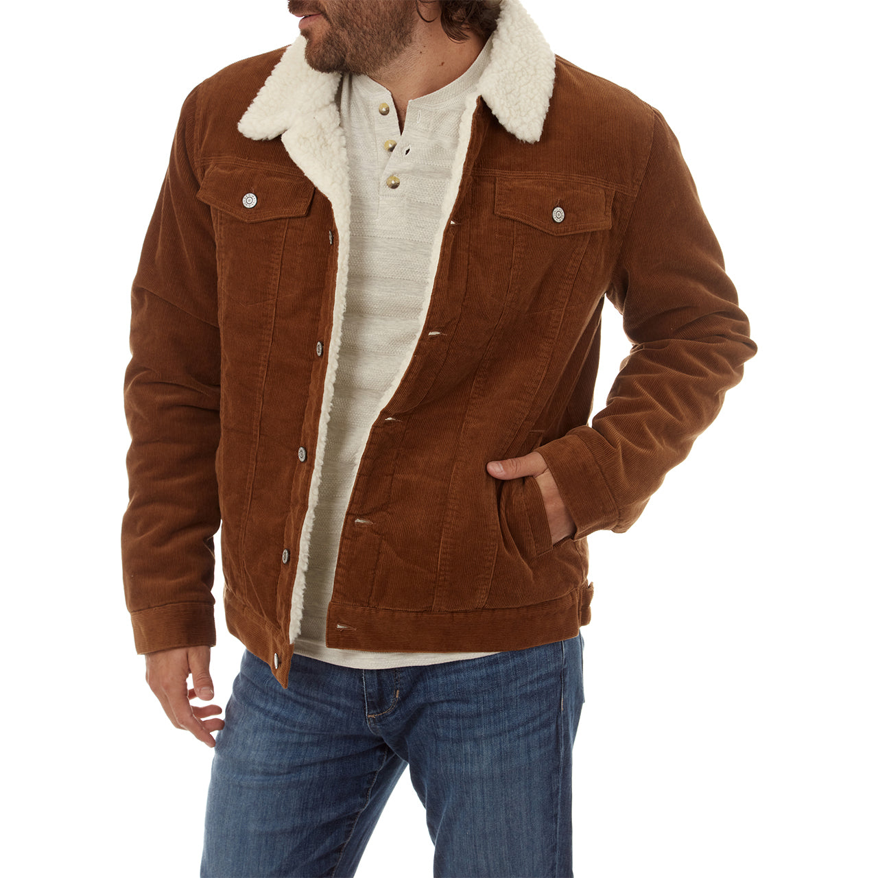 Kolton Corduroy Aviator Jacket featuring a sherpa lining and collar in rustic brown color.