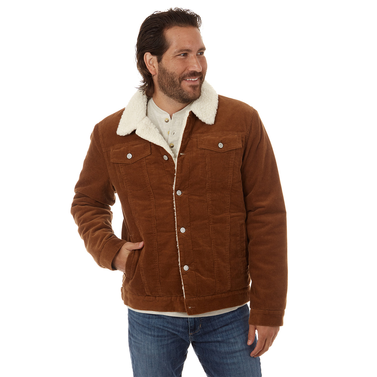 Kolton Corduroy Aviator Jacket featuring a sherpa lining and collar in rustic brown color.