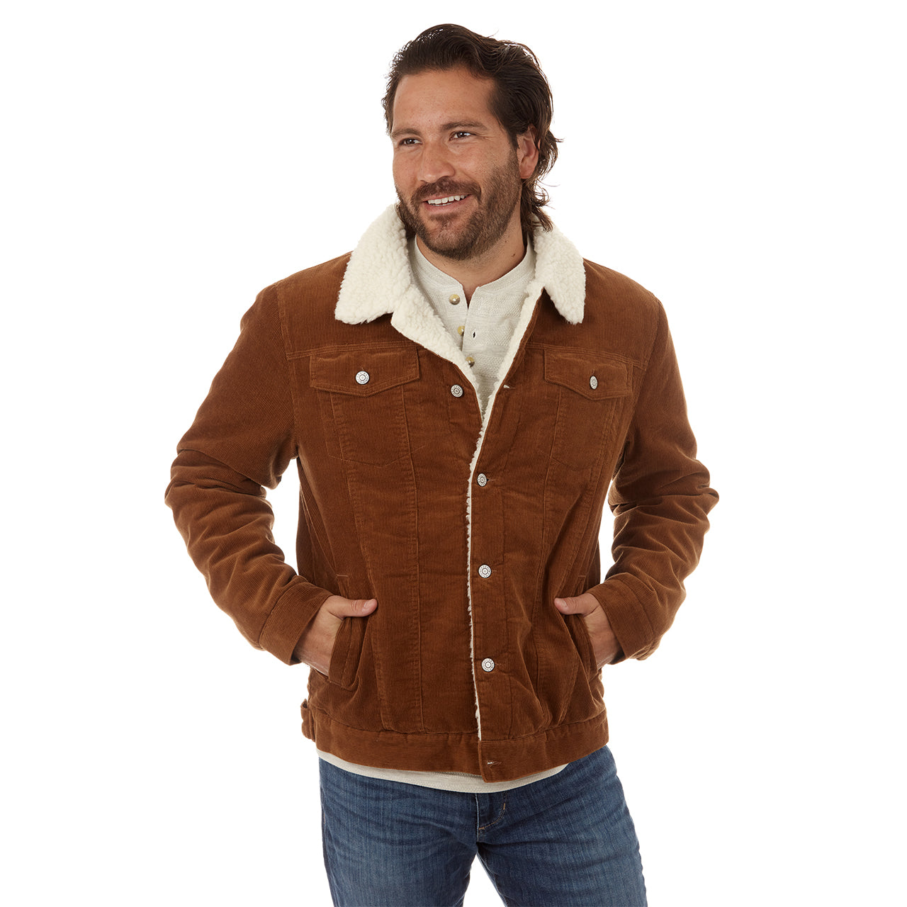 Kolton Corduroy Aviator Jacket featuring a sherpa lining and collar in rustic brown color.