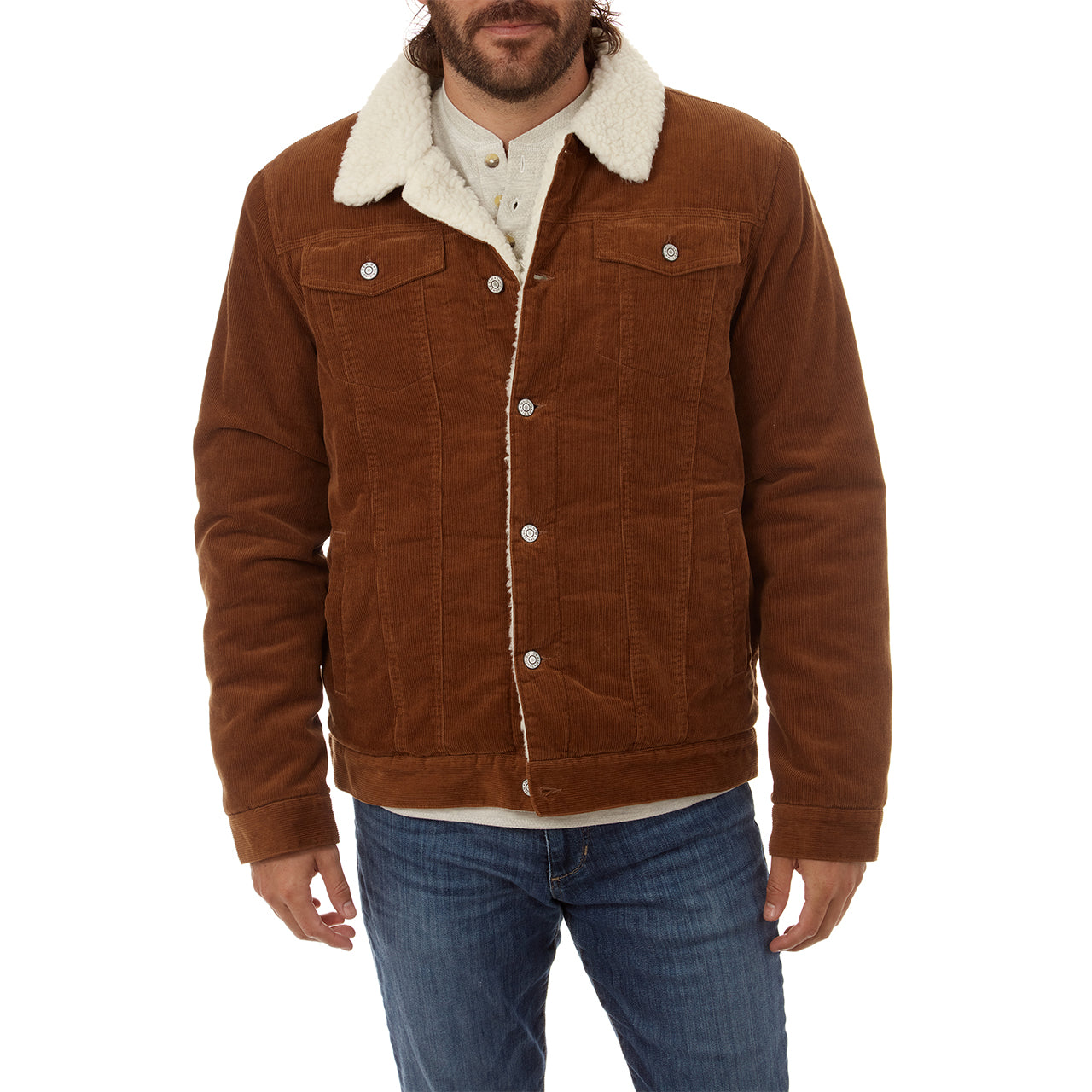 Kolton Corduroy Aviator Jacket featuring a sherpa lining and collar in rustic brown color.