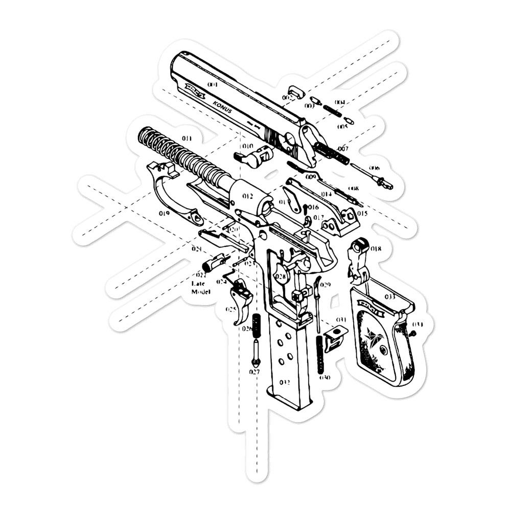 Konus Brand Gun Sticker on a clean surface, showcasing its high opacity and durable vinyl material.