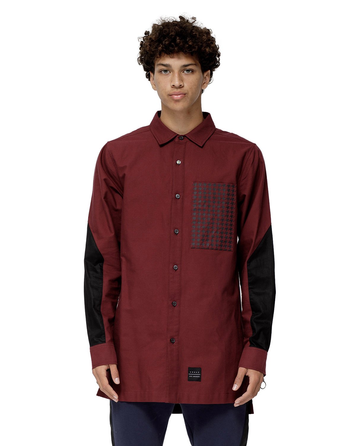 Konus Men's Slightly Oversize Button Up in Wine with contrast paneling and houndstooth pocket detail.