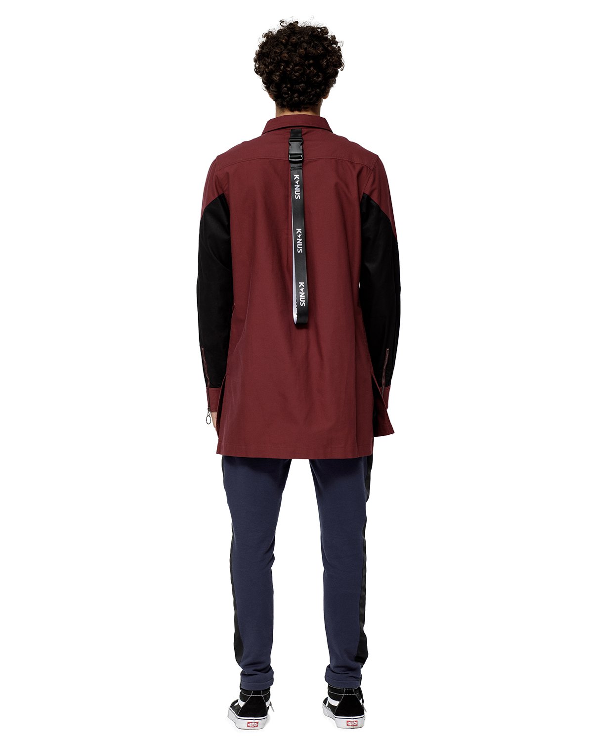 Konus Men's Slightly Oversize Button Up in Wine with contrast paneling and houndstooth pocket detail.