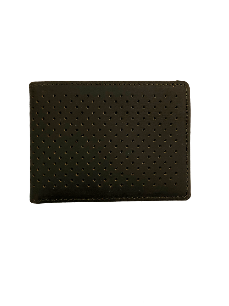 Kyle Leather Perforated Bifold Wallet in charcoal color, showcasing its stylish perforated design and compact size.