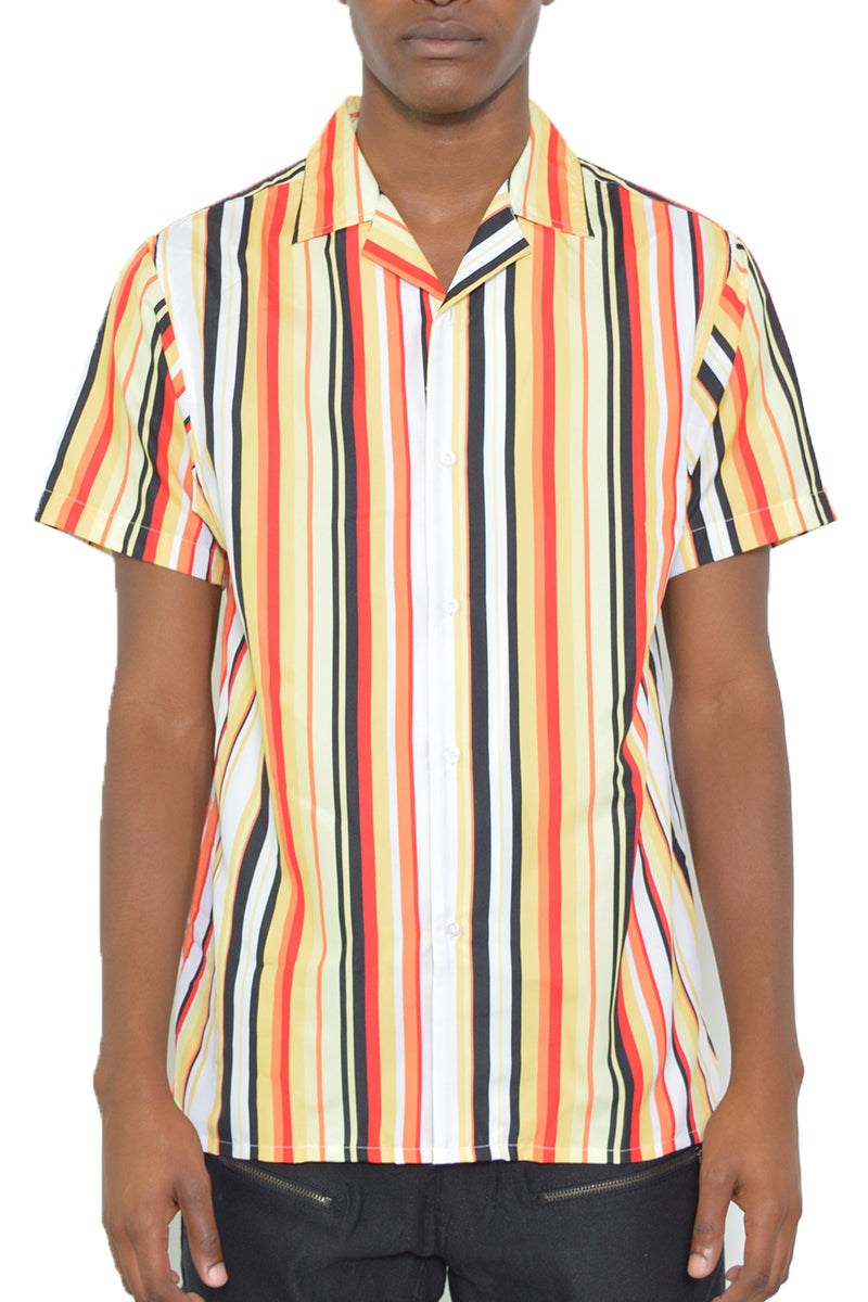 Latitude Striped Button Up shirt in a stylish striped pattern, showcasing its regular fit and 100% polyester fabric.