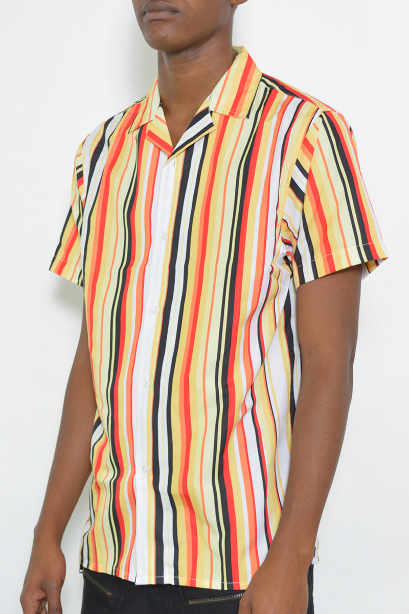 Latitude Striped Button Up shirt in a stylish striped pattern, showcasing its regular fit and 100% polyester fabric.