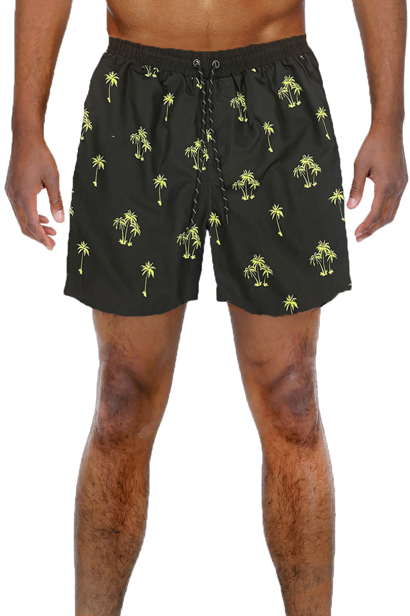 Lime palm print swim shorts featuring a vibrant tropical design, mesh lining, and pockets for convenience.