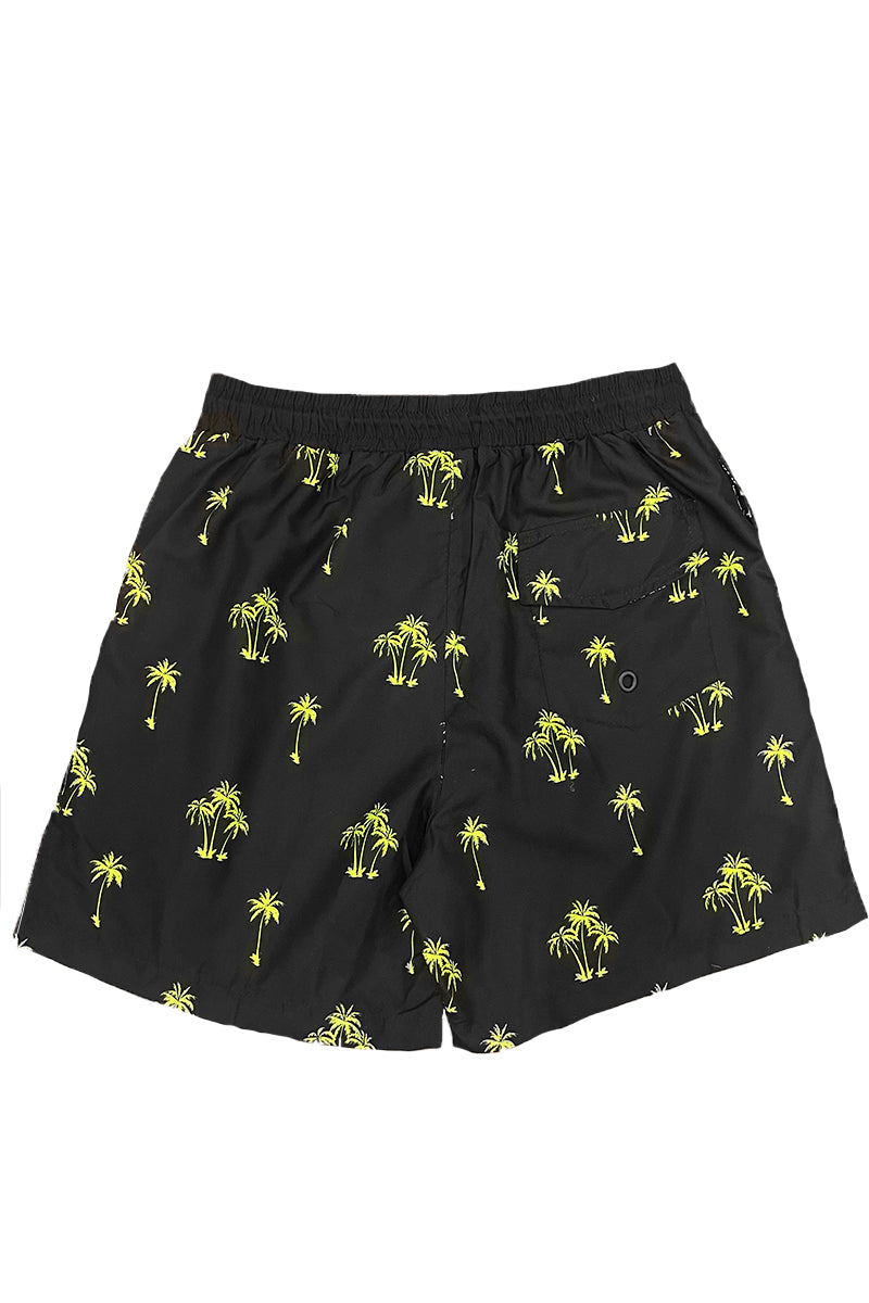 Lime palm print swim shorts featuring a vibrant tropical design, mesh lining, and pockets for convenience.