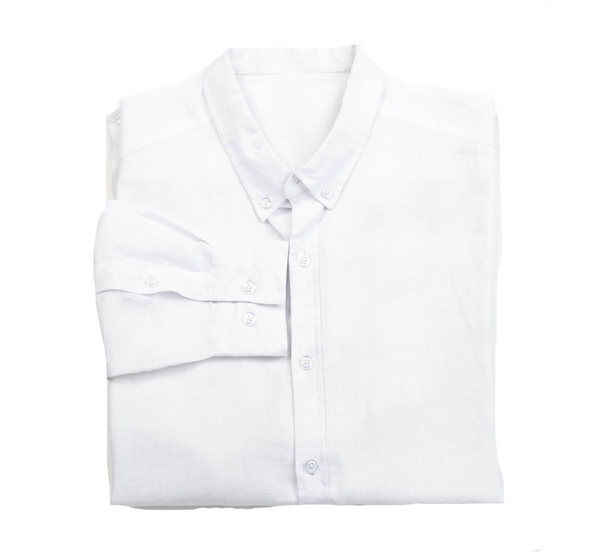 A stylish white linen shirt with a button-down collar, perfect for summer wear, displayed on a wooden hanger against a light background.