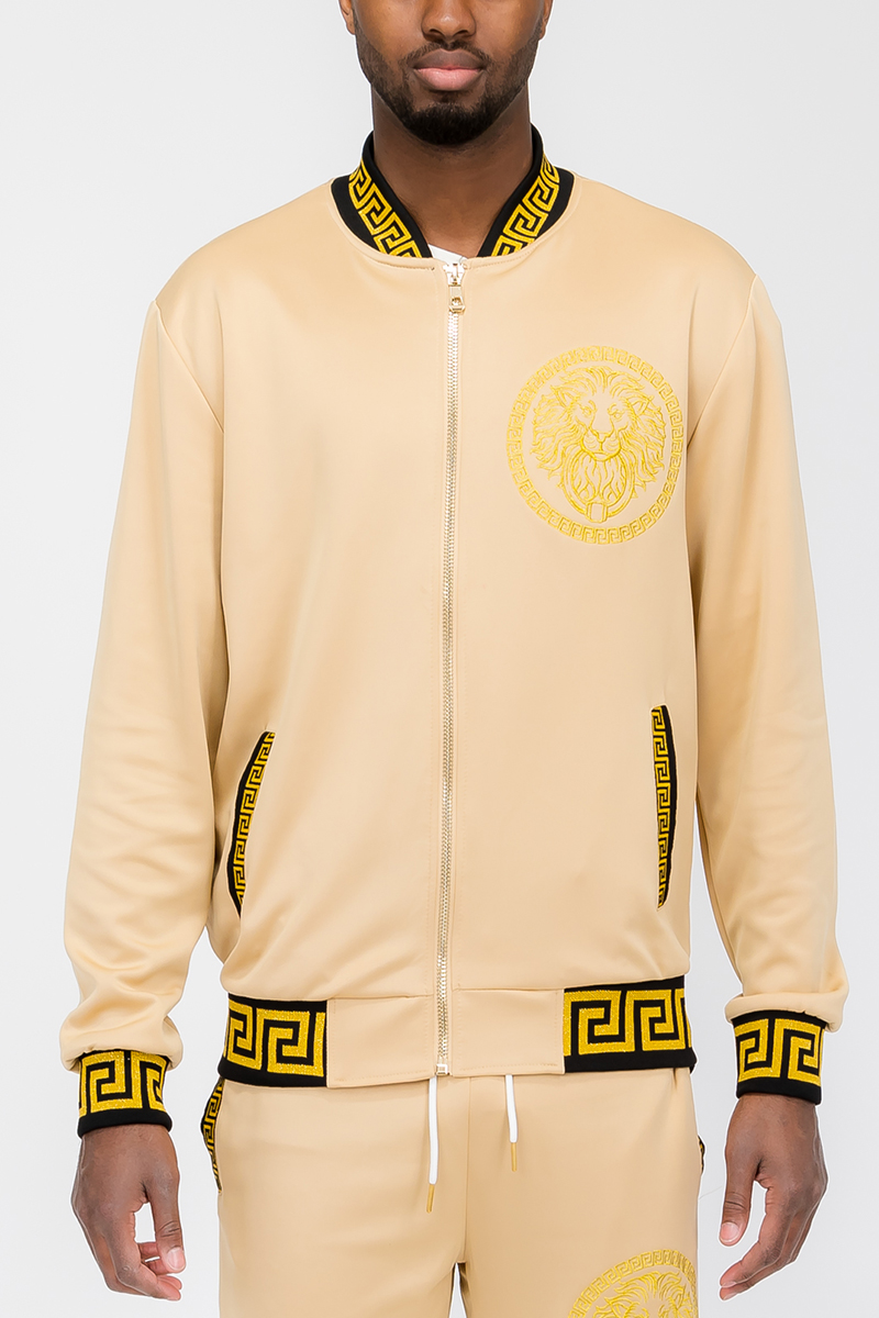 Men's Lion Head Embroidery Status Track Jacket featuring a lion head design on the chest, elastic waist, and standard pockets.