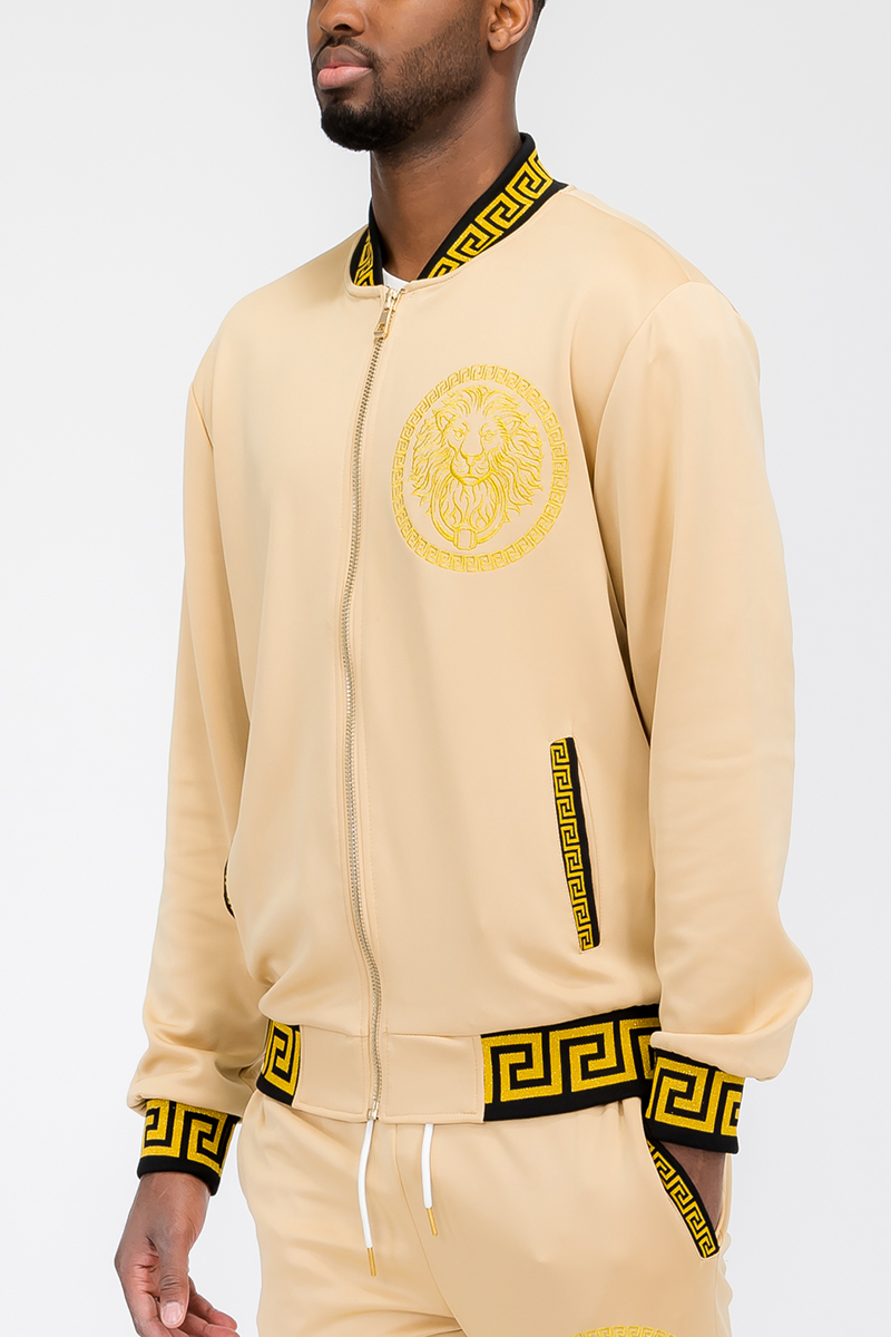 Men's Lion Head Embroidery Status Track Jacket featuring a lion head design on the chest, elastic waist, and standard pockets.