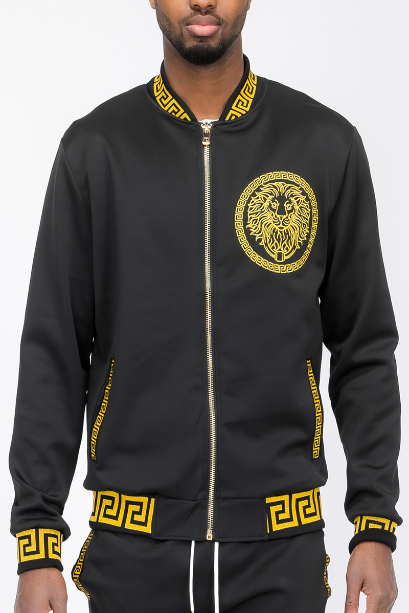 Men's Lion Head Embroidery Status Track Jacket featuring a lion head design on the chest, elastic waist, and standard pockets.